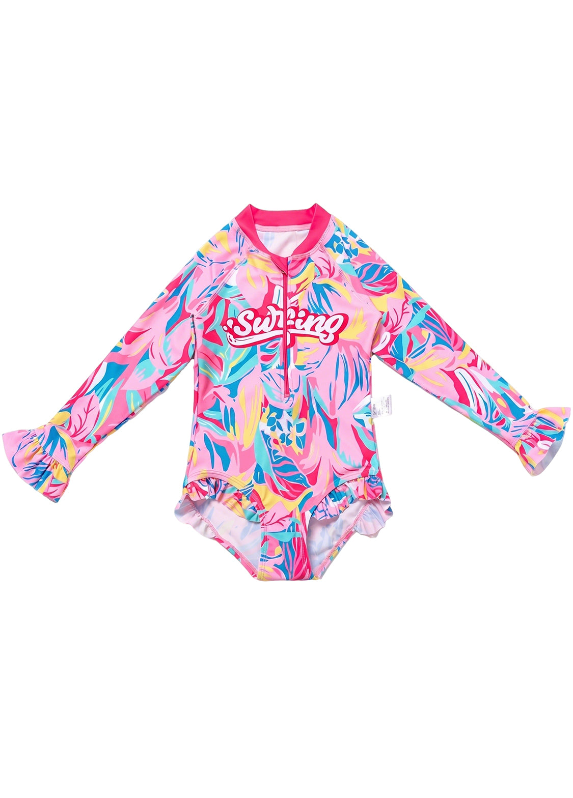 Girls' Cute Pink Floral-Center Swimsuit — Quick-Drying, Long-Sleeve, One-Piece Bodysuit