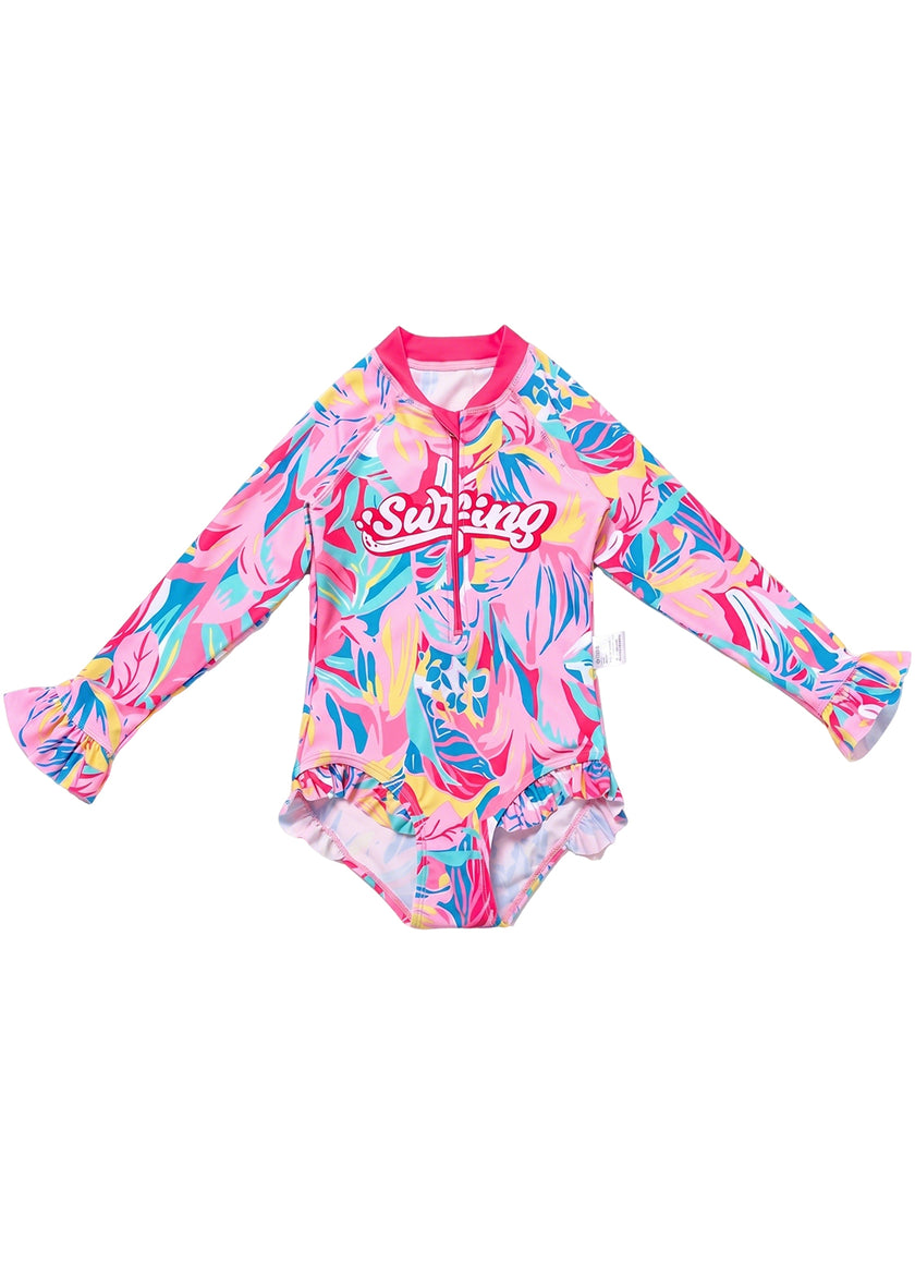 Girls' Cute Pink Floral-Center Swimsuit — Quick-Drying, Long-Sleeve, One-Piece Bodysuit