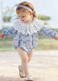 Baby Girls Retro Floral Dollar Collar Romper With Hairband