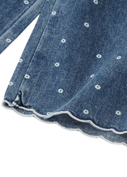 Girls Cotton Two-Piece Lace Top & Wide-Leg Pants Set