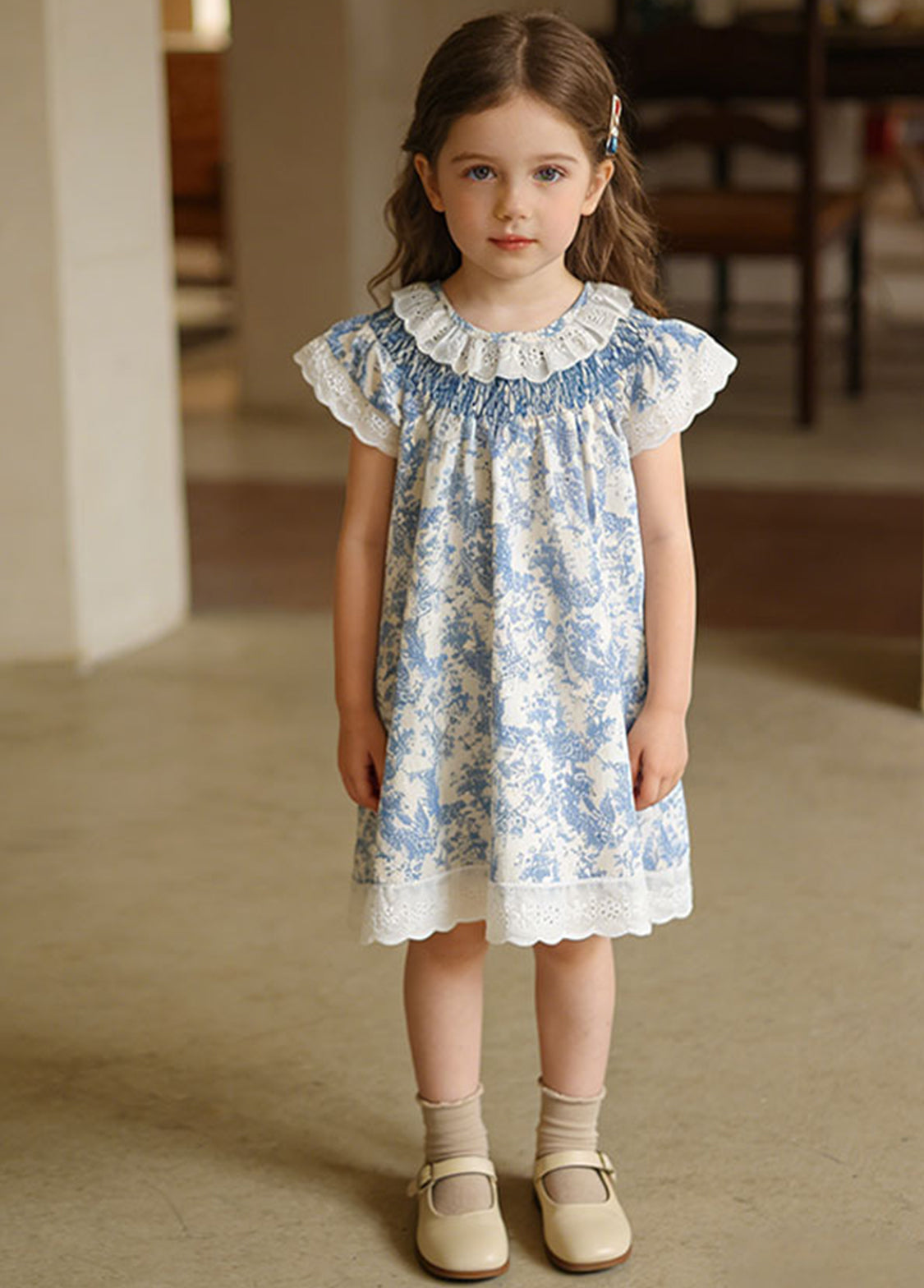Girls Sweet Blue Floral Lace Ruffles Dollar Collar Dress