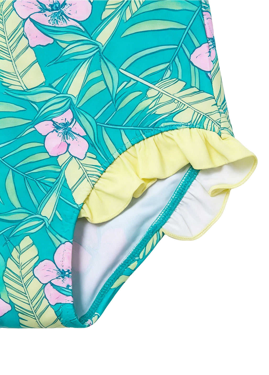 Girls' Long-Sleeve One-Piece Swimsuit Set — Tropical Floral & Leaf Print, Includes Swim Cap — Sun Protection & Quick-Drying