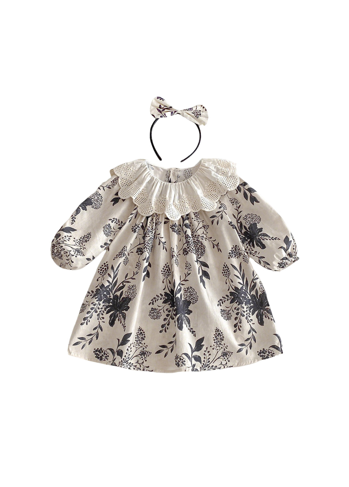 Girls Sweet Floral Dollar Collar Dress With Headband