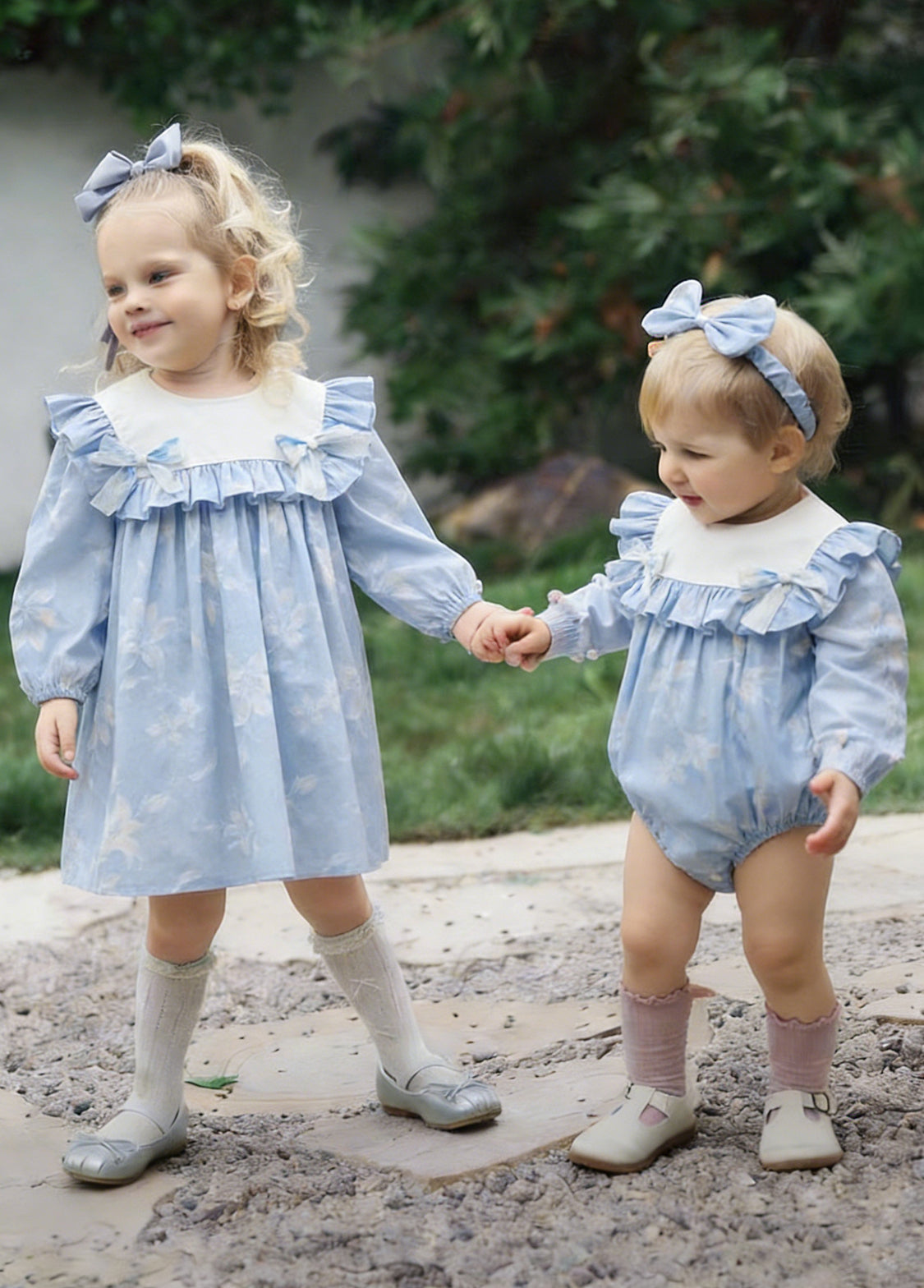 Girls Sweet Floral Ruffle Bowknot Dress With Headband