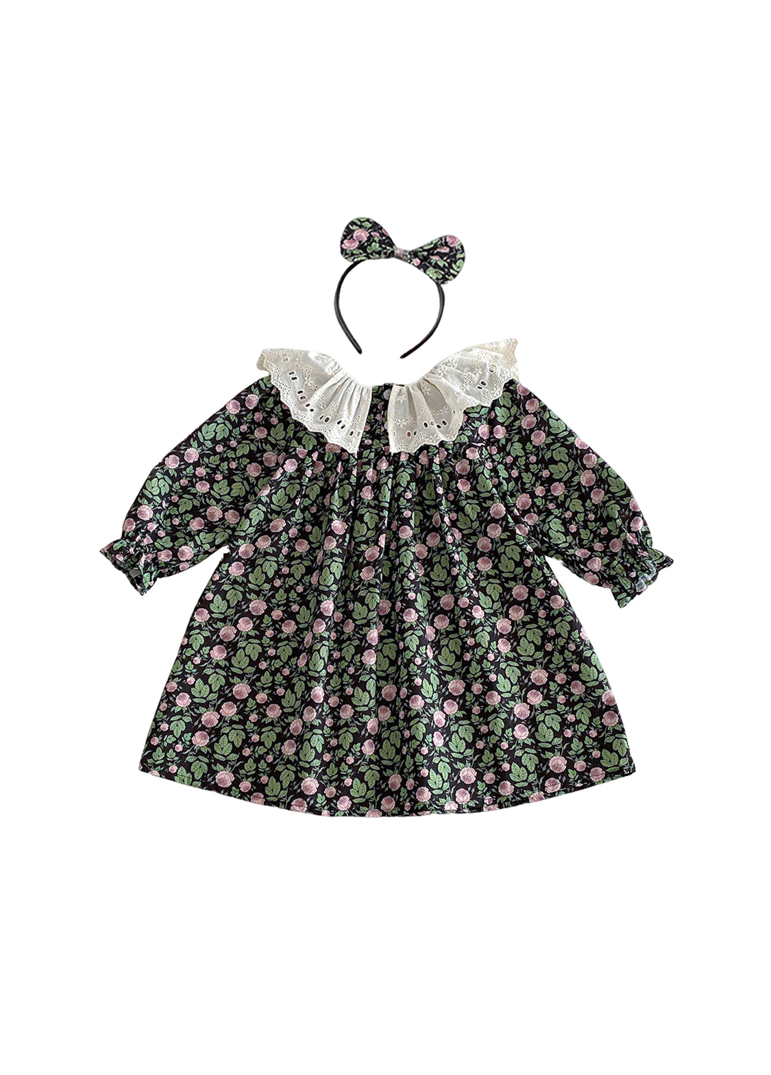 Girls Sweet Floral Dollar Collar Dress With Headband