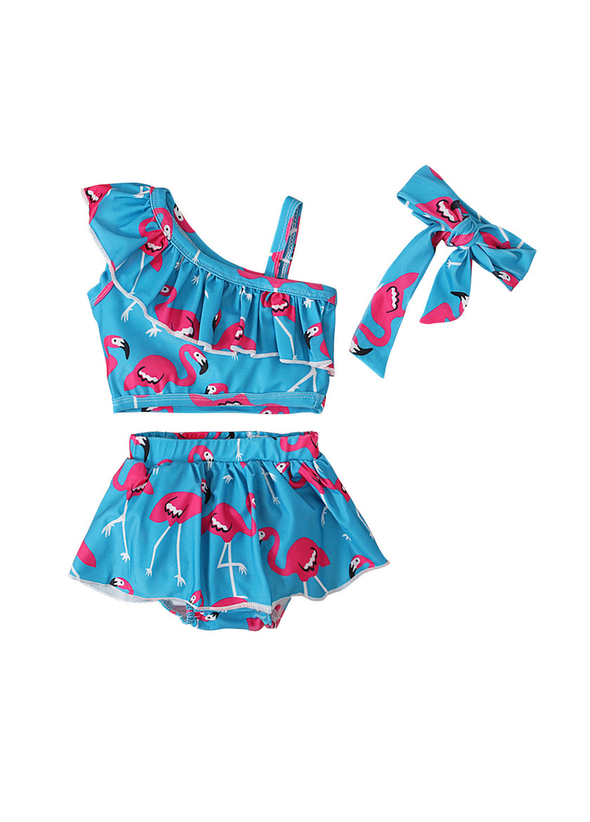 Girls' Summer Swimsuit: Flamingo Print, Ruffled Two-Piece Swimwear