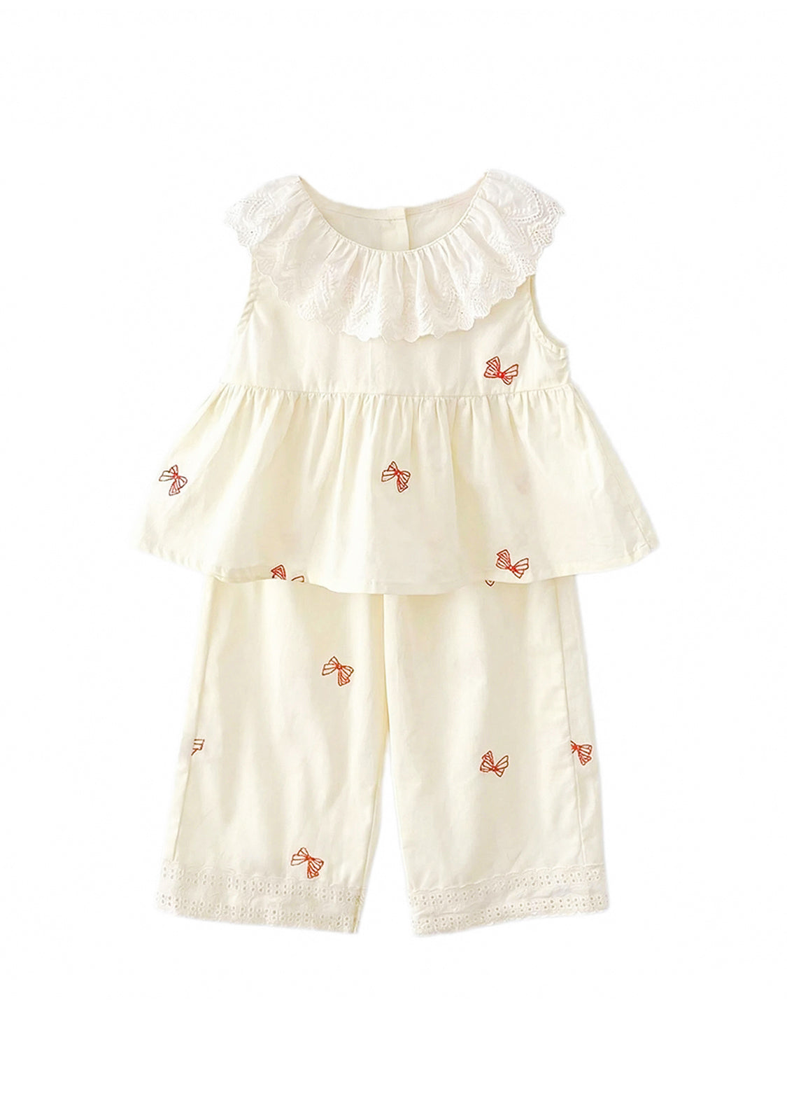 Girls Cute Bow-print Lace Dollar Collar Sleeveless Top And Pants Set