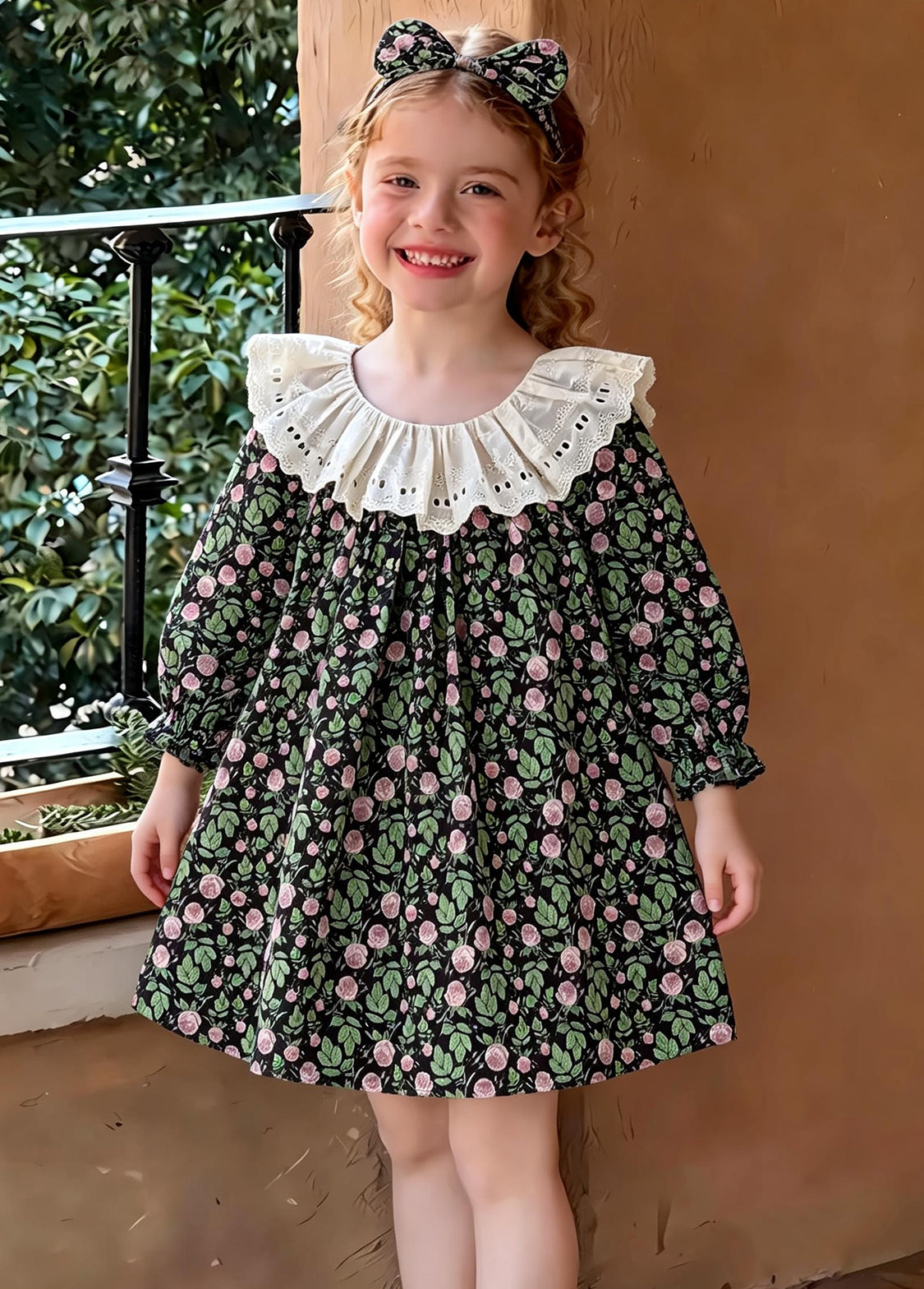 Girls Sweet Floral Dollar Collar Dress With Headband