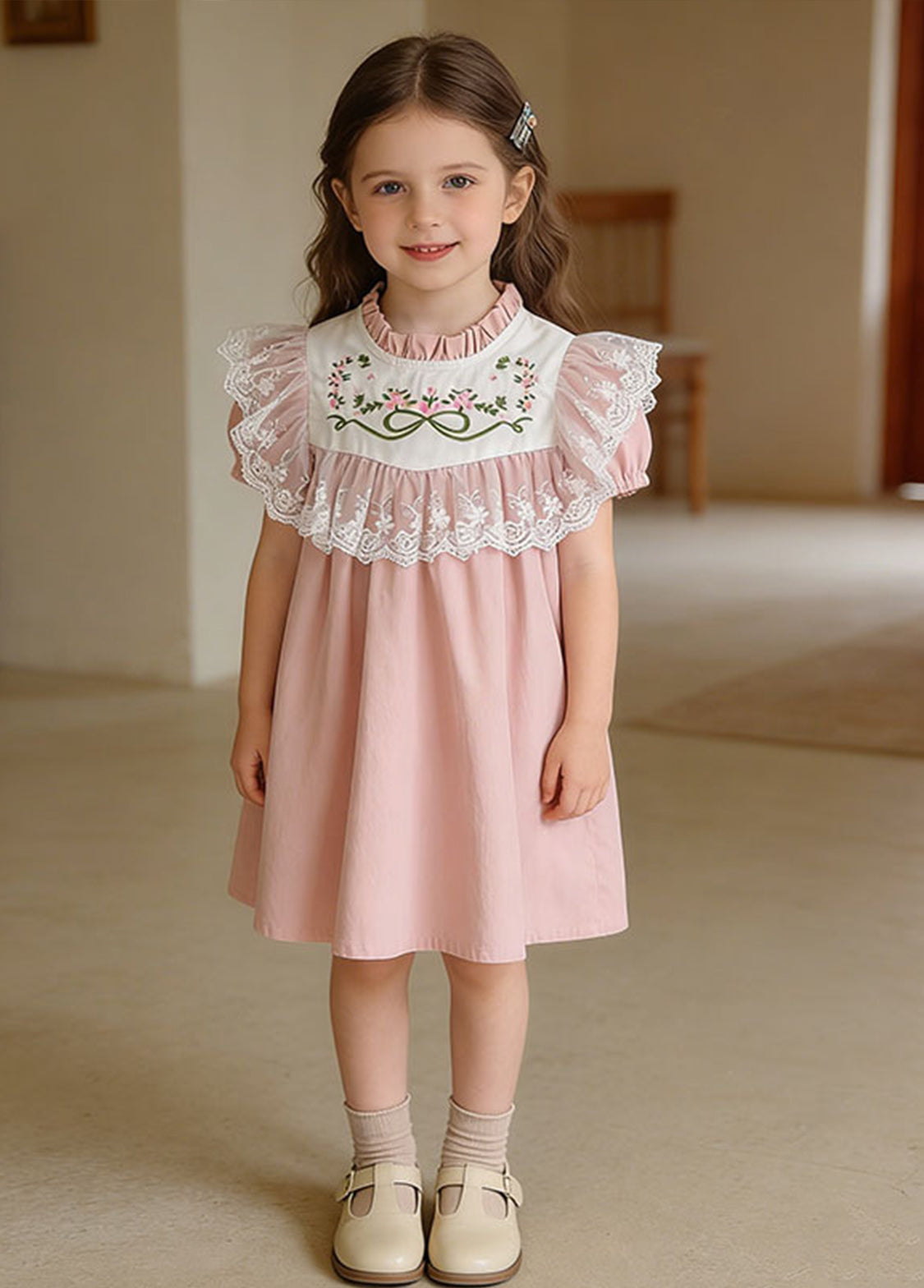 Girls Sweet Retro Floral Embroidered Lace Dress