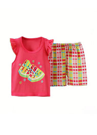 Girls Cartoon Watermelon Cotton Two-Piece Set