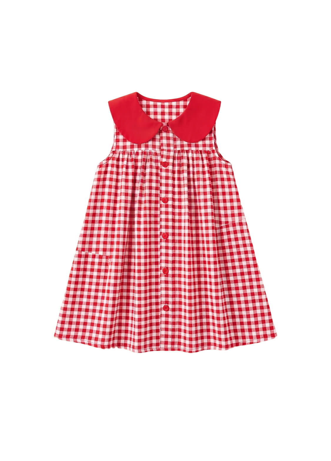 Girls Summer Gingham Plaid Dress Kids Loose Fit Red Checkered A-Line Sundress with Contrast Peter Pan Collar