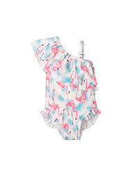 Girls' Summer Swimsuit — Flamingo Print, One-Shoulder, Ruffled Collar, One-Piece Swimwear