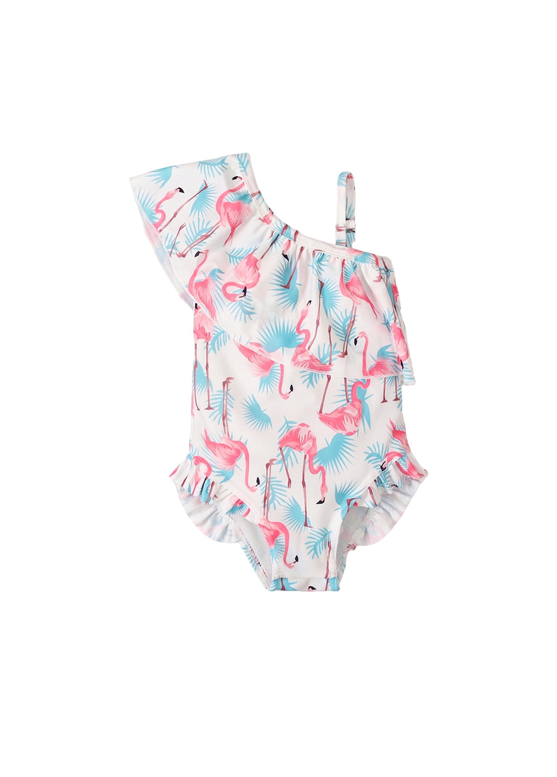 Girls' Summer Swimsuit — Flamingo Print, One-Shoulder, Ruffled Collar, One-Piece Swimwear