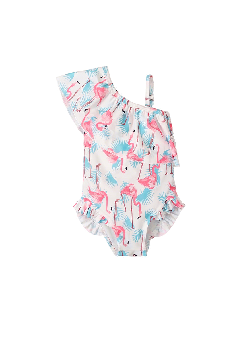 Girls' Summer Swimsuit — Flamingo Print, One-Shoulder, Ruffled Collar, One-Piece Swimwear