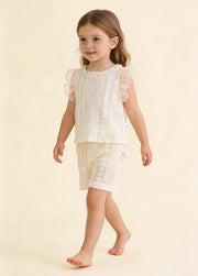 Girls' Lightweight Two-Piece Set: Top with Flutter Sleeves and Openwork Floral Design, and Trousers