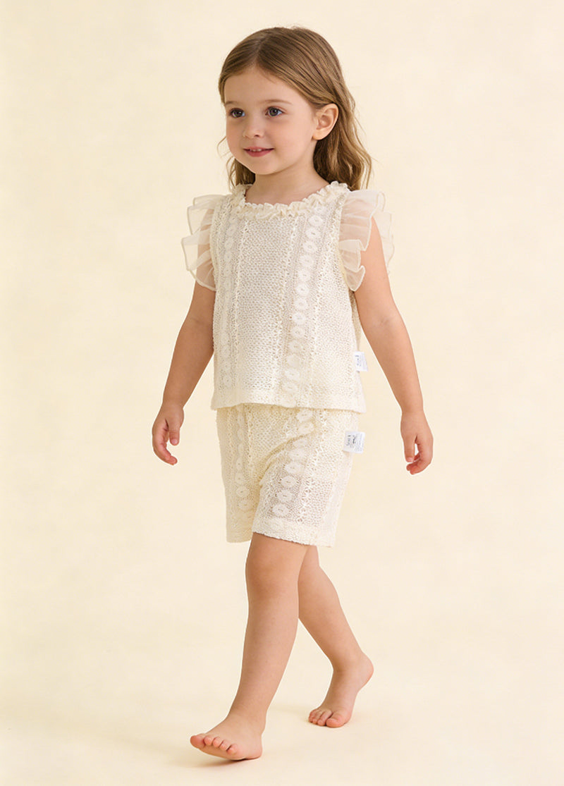 Girls' Lightweight Two-Piece Set: Top with Flutter Sleeves and Openwork Floral Design, and Trousers