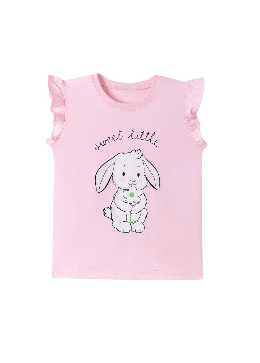 Girls Cotton Sweet Bunny Ruffle Sleeve T-Shirt