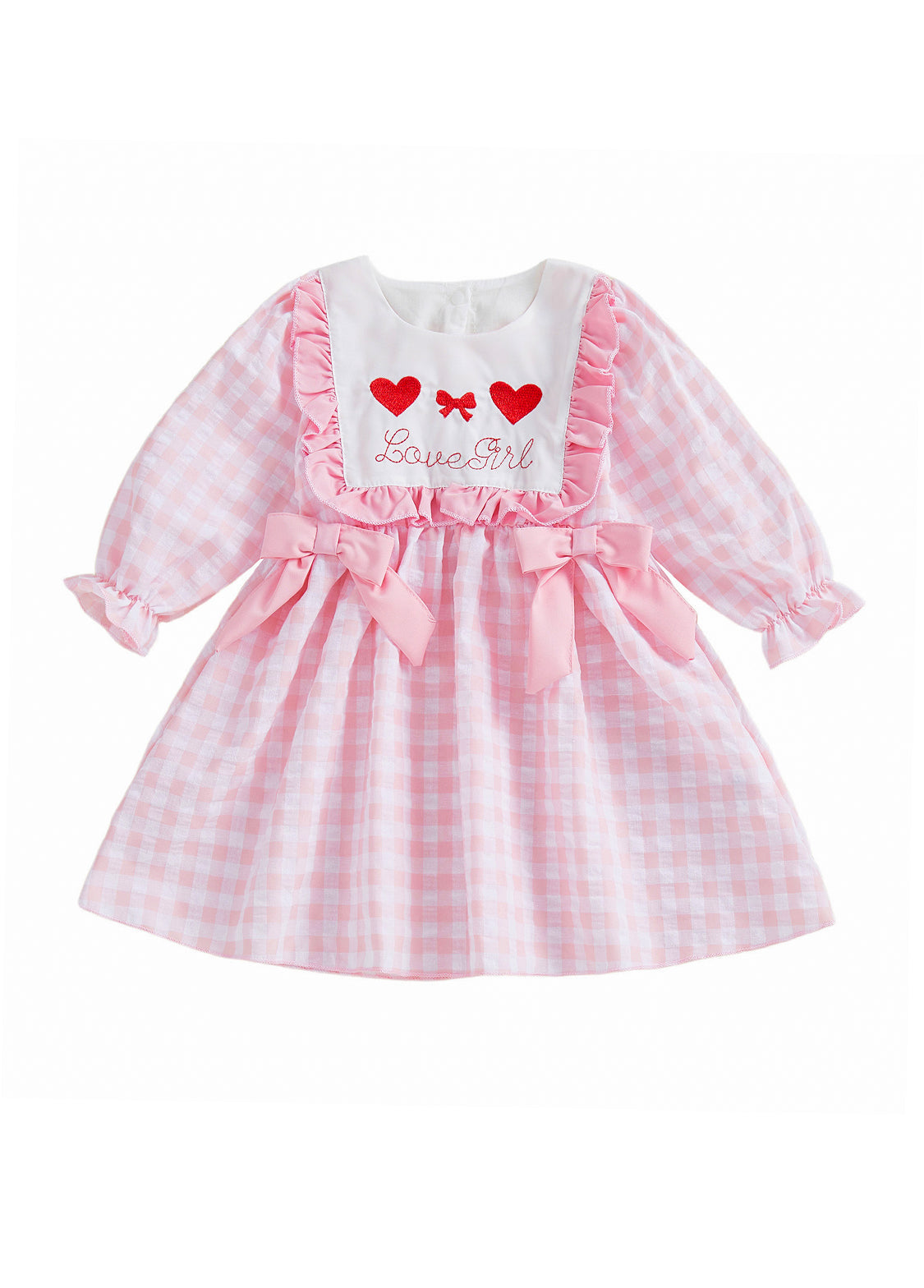 Girls Sweet Pink Plaid Heart-embroidered Ruffle Dress