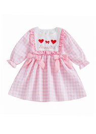 Girls Sweet Pink Plaid Heart-embroidered Ruffle Dress