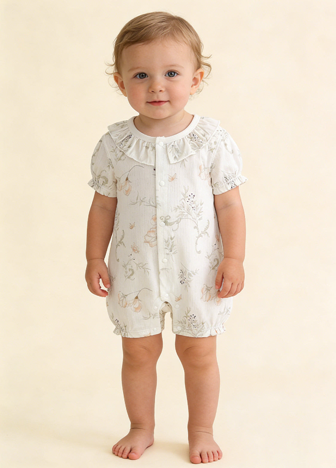 Baby Girl's Summer Bamboo Fiber Romper — Lightweight Design with Bellflower & Elf Bunny Print