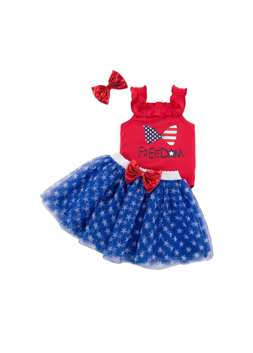 Baby Girls 4th of July Independence Day Outfit Set Infant Ruffle Romper Bodysuit Star Tulle Tutu Skirt and Headband 3-Piece Patriotic Set
