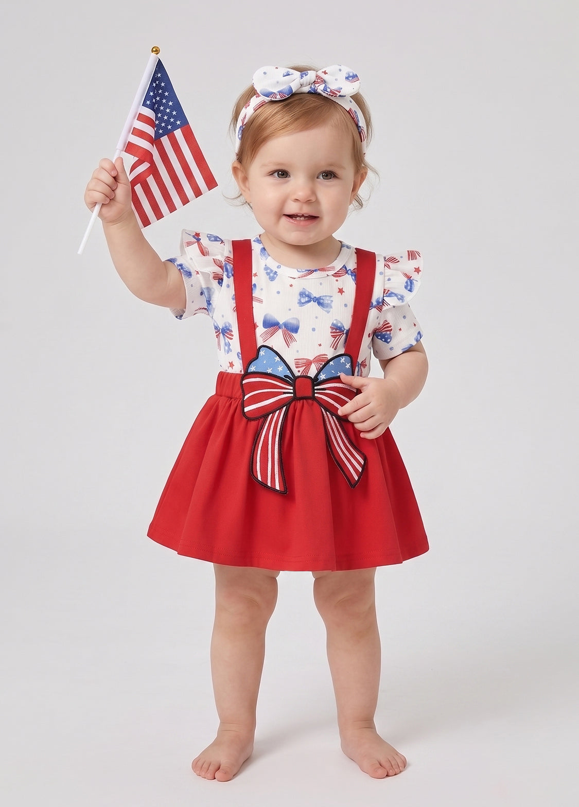 Baby Girls 4th of July Patriotic Skirted Romper Infant USA Letter Sequin Patch Dress Bodysuit with Headband Set
