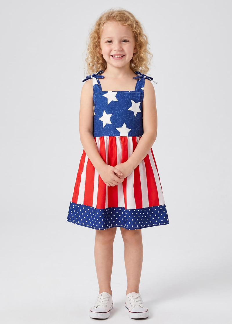 Toddler Girls July 4th Independence Day Patriotic Dress Kids Sleeveless Star and Stripe Ruffle Hem A-Line Sundress