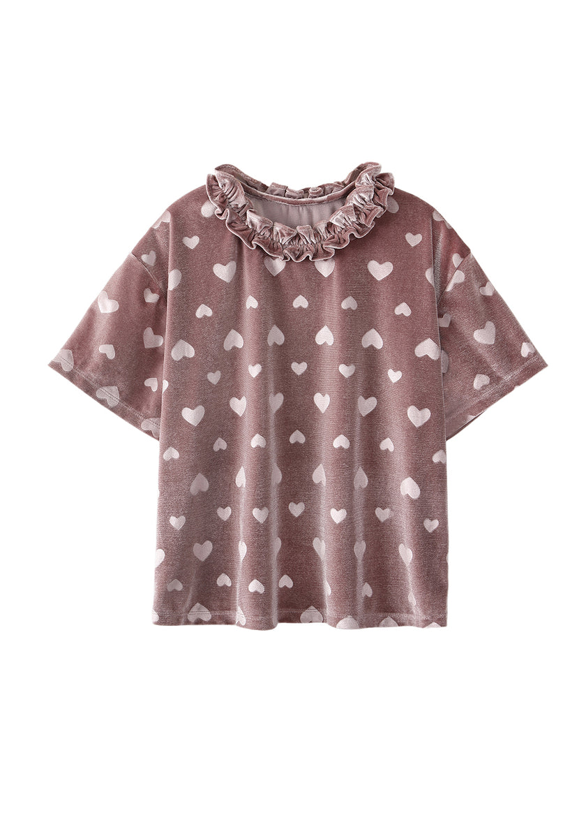 Girls Cotton Heart Print Short Sleeve Top