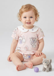 Baby Girl's Summer Short-Sleeve Romper — Antibacterial, Breathable Bamboo Fiber with Cat Pattern