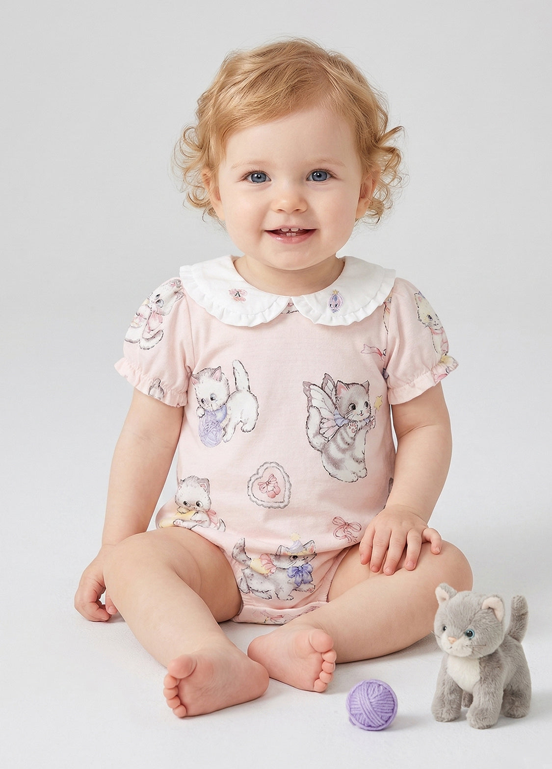 Antibacterial Baby Girl Bamboo Romper | Breathable Summer Cat Print Jumpsuit