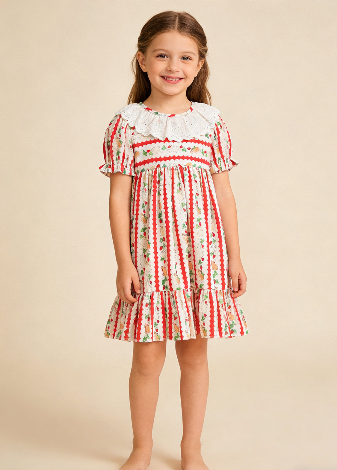 Girls Cotton Lace Rabbit & Carrot Print Dress