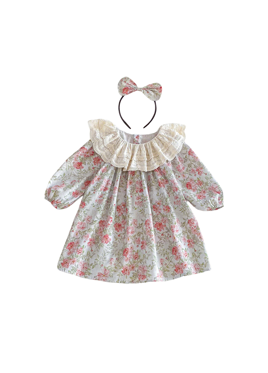 Girls Sweet Floral Dollar Collar Dress With Headband