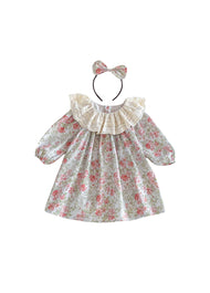 Girls Sweet Floral Dollar Collar Dress With Headband