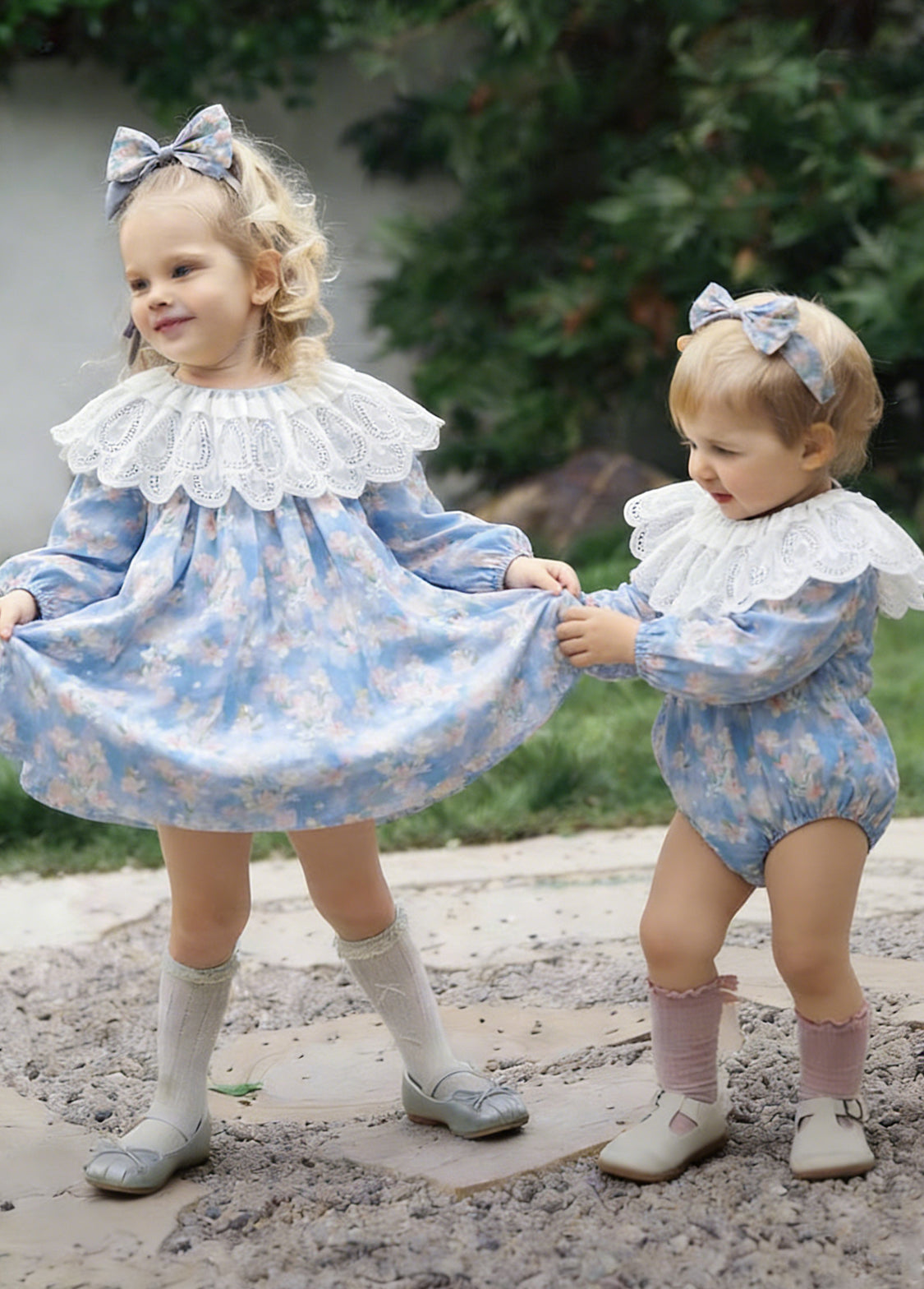 Girls Sweet Floral Dollar Collar Dress With Headband