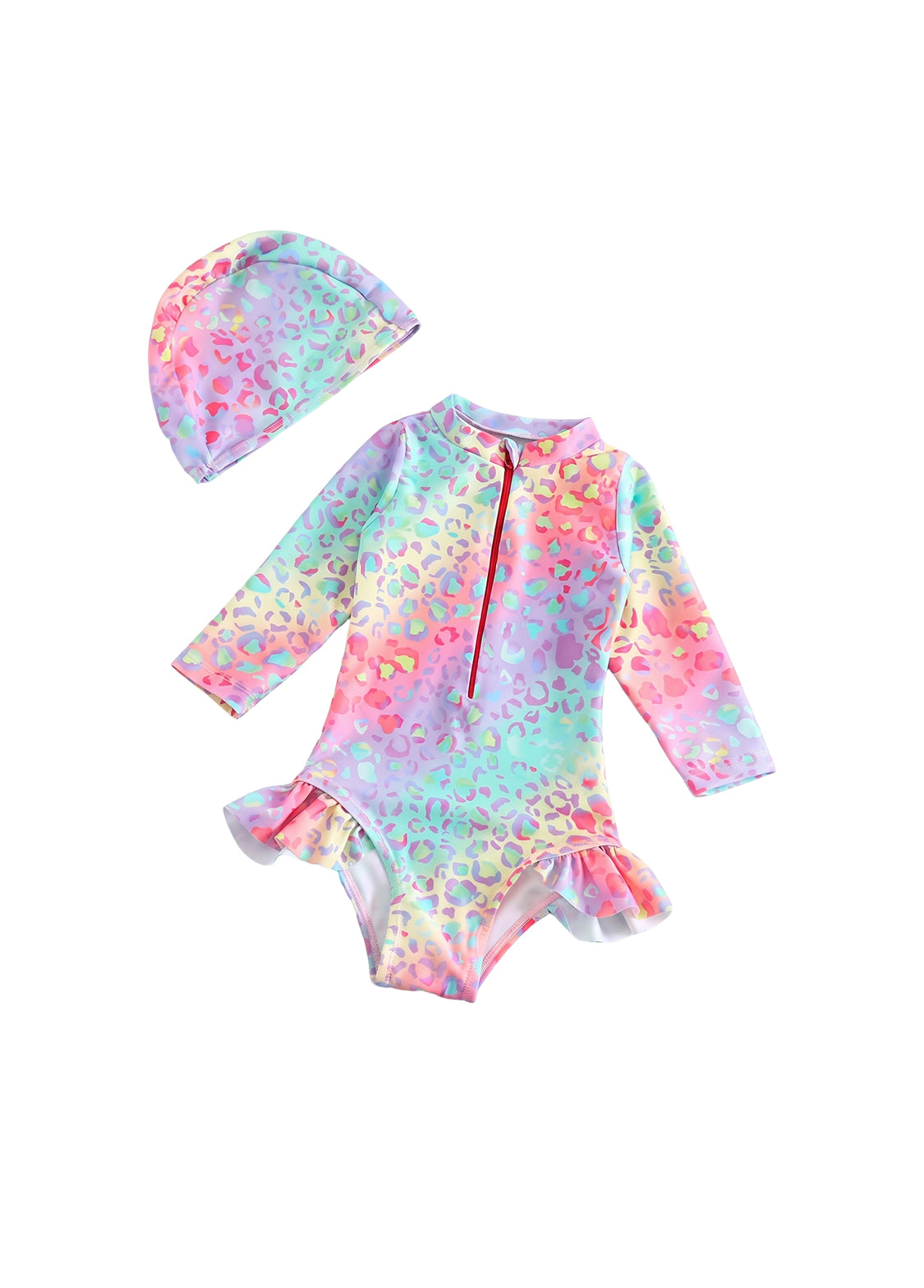 Girls' One-Piece Leopard Print Swimsuit — Long-Sleeve Sun Protection & Surf Suit for Toddlers, Featuring Colorful Ruffles