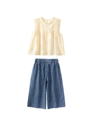 Girls Cotton Two-Piece Lace Top & Wide-Leg Pants Set