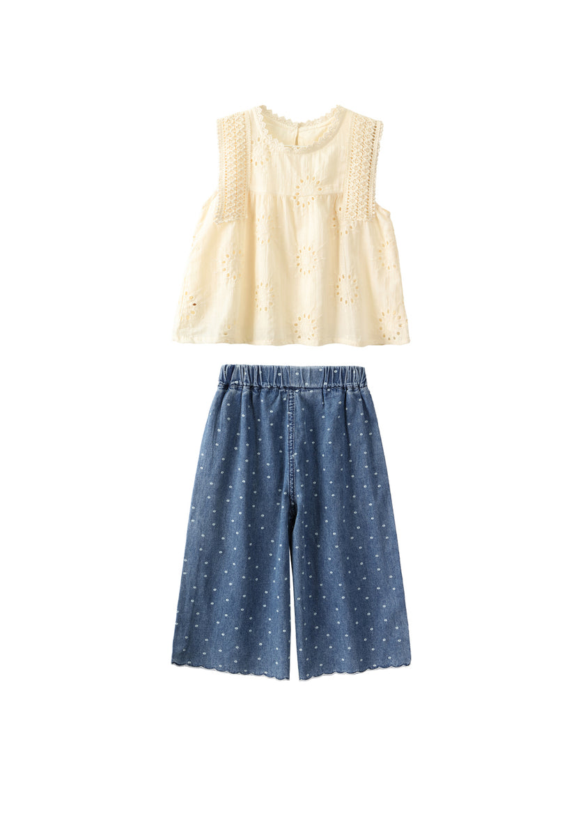 Girls Cotton Two-Piece Lace Top & Wide-Leg Pants Set