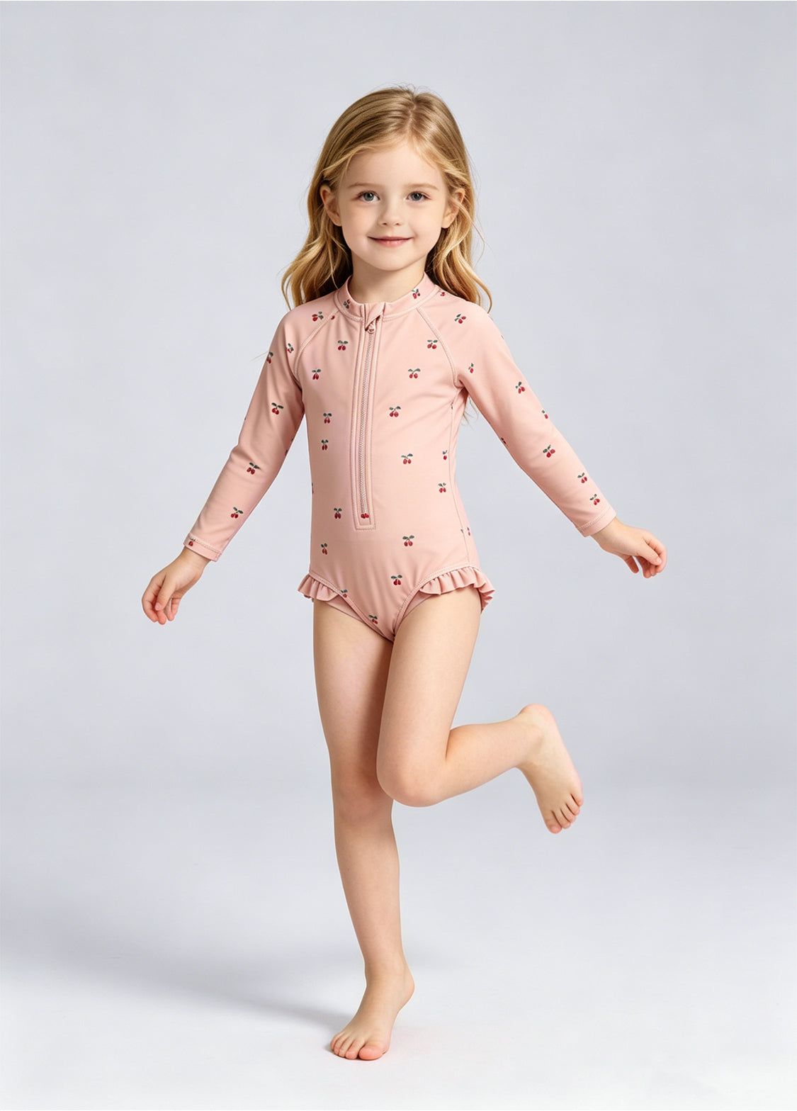 Girls' & Toddlers' Swimsuit: Cherry Print, One-Piece, Long-Sleeve, Sun-Protective, Quick-Drying Swimwear