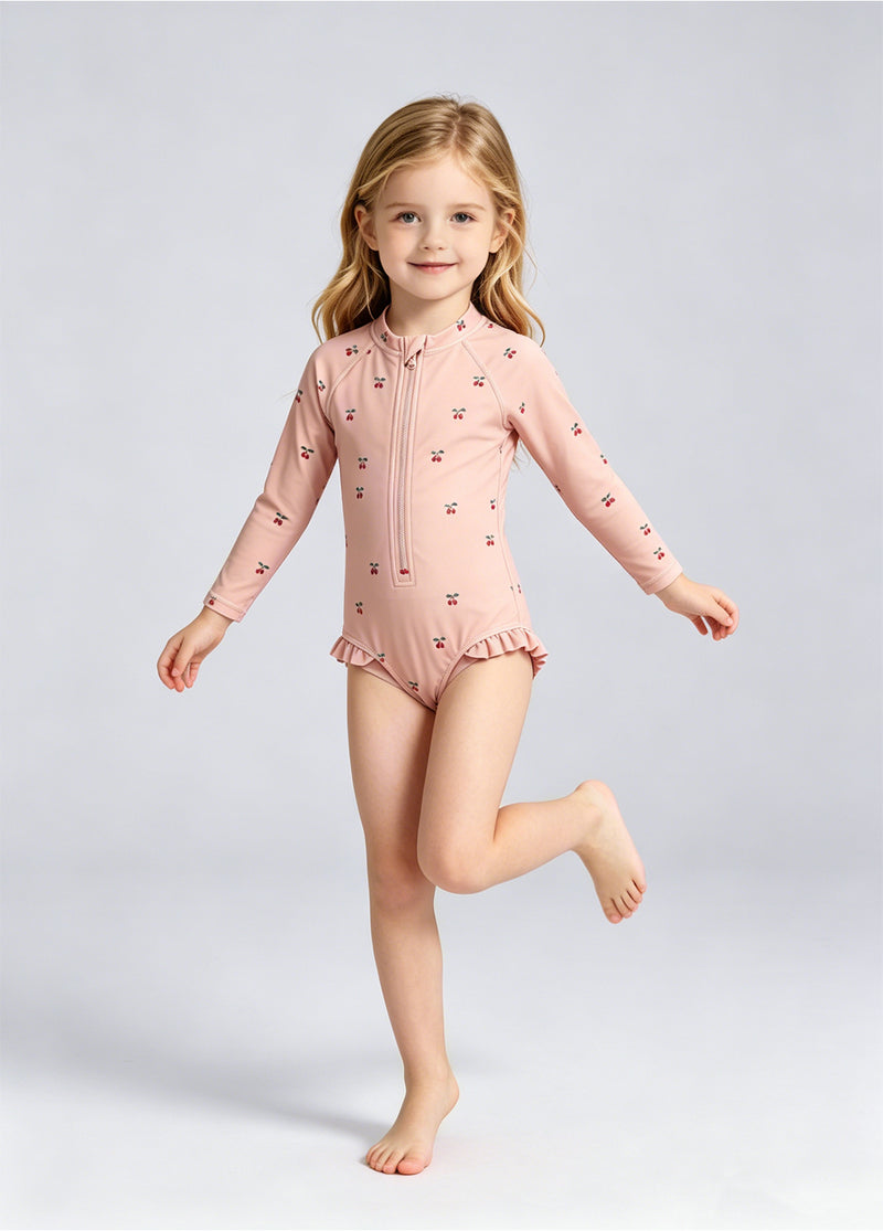 Girls' & Toddlers' Swimsuit: Cherry Print, One-Piece, Long-Sleeve, Sun-Protective, Quick-Drying Swimwear