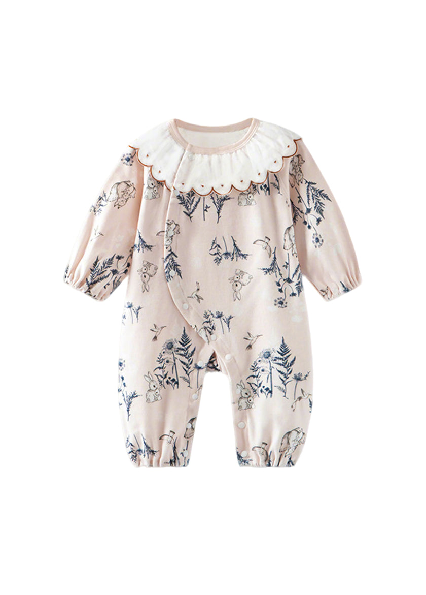 Baby Girls Cute Bamboo Fiber Floral Cartoon Print Dollar Collar Romper