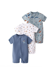 3-Pack Baby Boys Cotton Cute Printed Short-Sleeved Romper