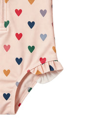 Girls' Swimsuit: Toddler & Kids' One-Piece Long-Sleeve Swimwear with Small Heart Print — Sun-Protective & Quick-Drying