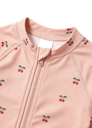 Girls' & Toddlers' Swimsuit: Cherry Print, One-Piece, Long-Sleeve, Sun-Protective, Quick-Drying Swimwear