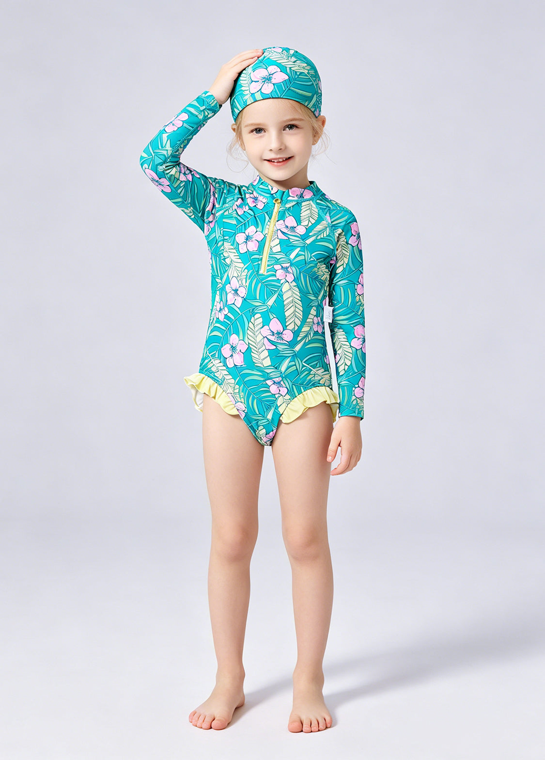 Girls' Long-Sleeve One-Piece Swimsuit Set — Tropical Floral & Leaf Print, Includes Swim Cap — Sun Protection & Quick-Drying