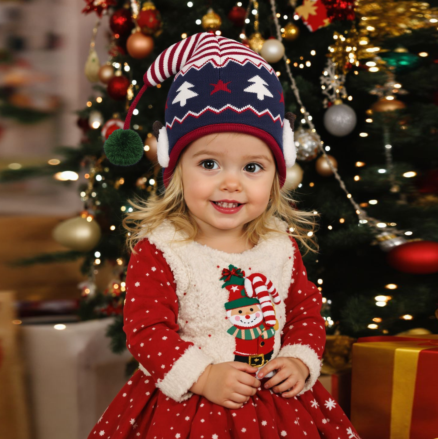 Kids Pom Pom Deer Christmas Beanie Hat