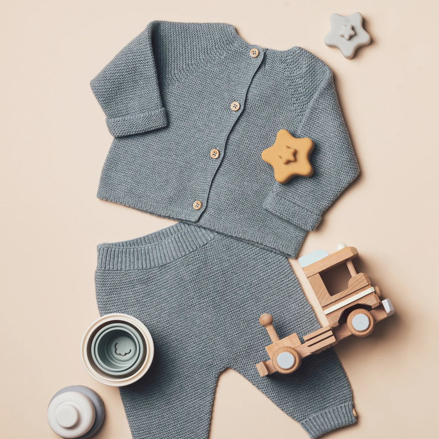 Comfy Baby Knit Set with Wooden Toy