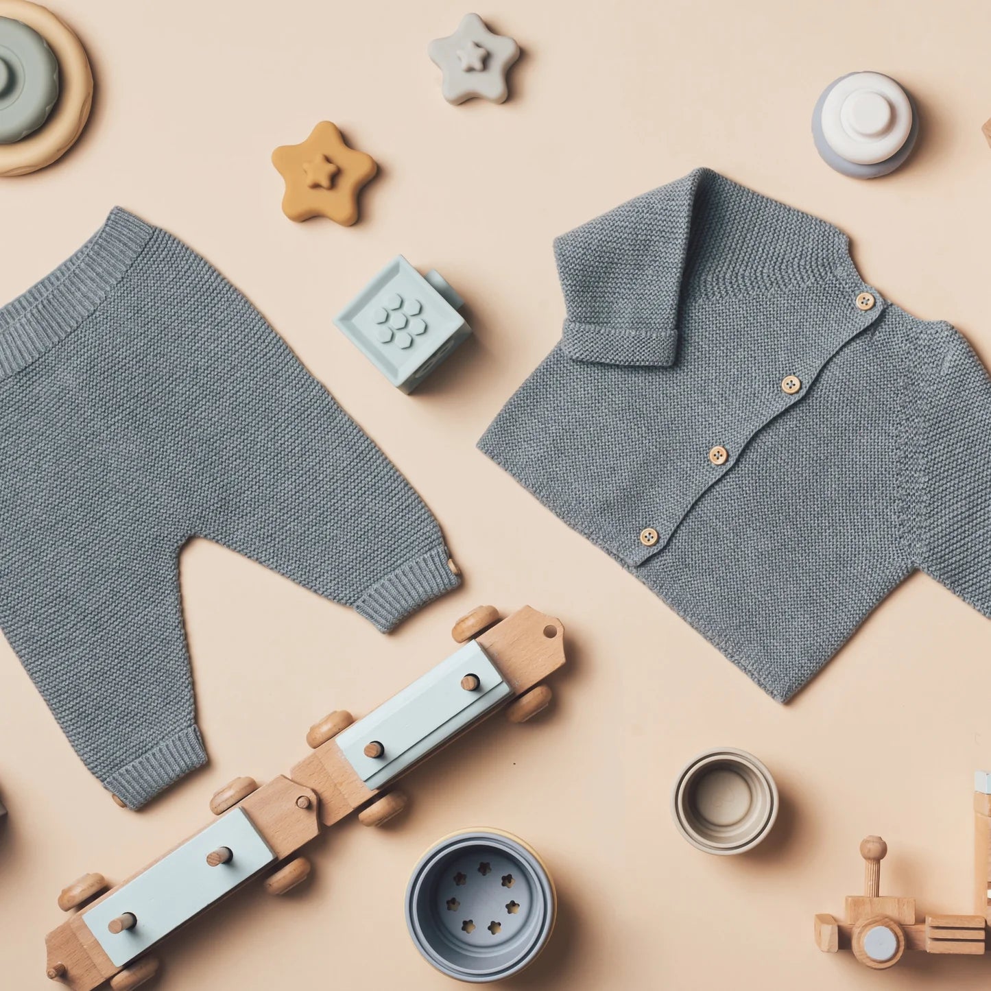 Comfy Baby Knit Set with Wooden Toy