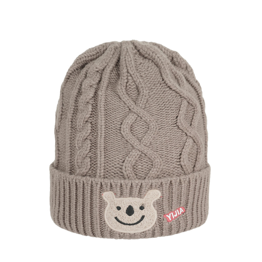 Grey Cable Knit Bear Beanie Hat