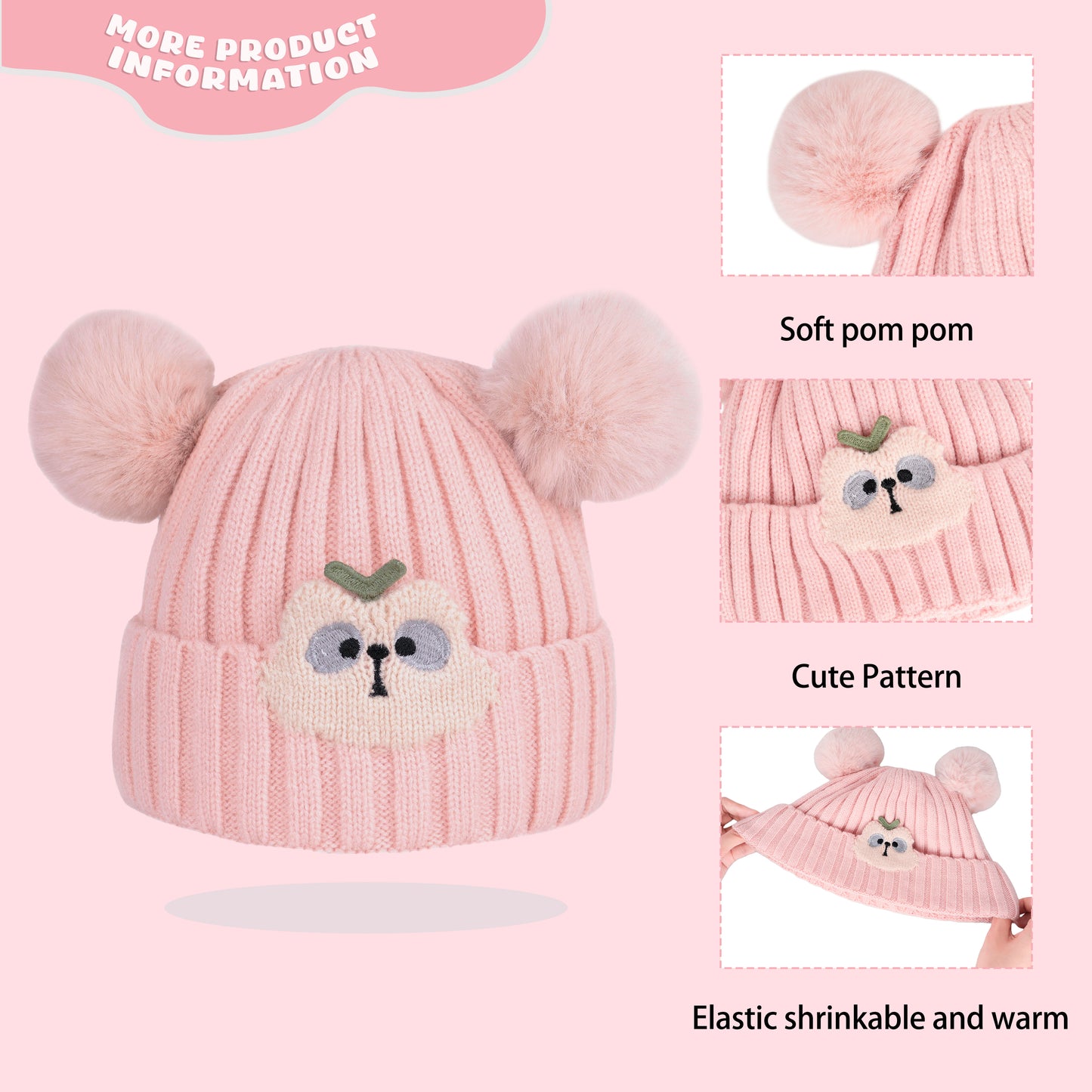 Girl Cute Pom Pom Beanie Hat-Pink