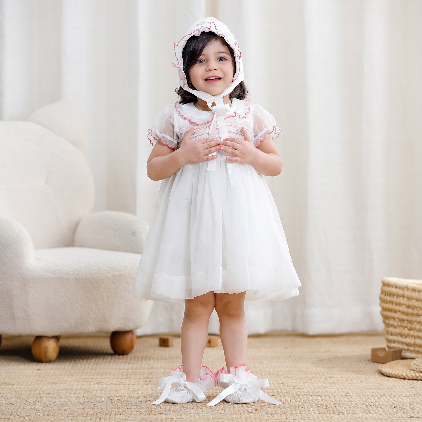 Girls Smocked Dress Set With Cap and Shoes